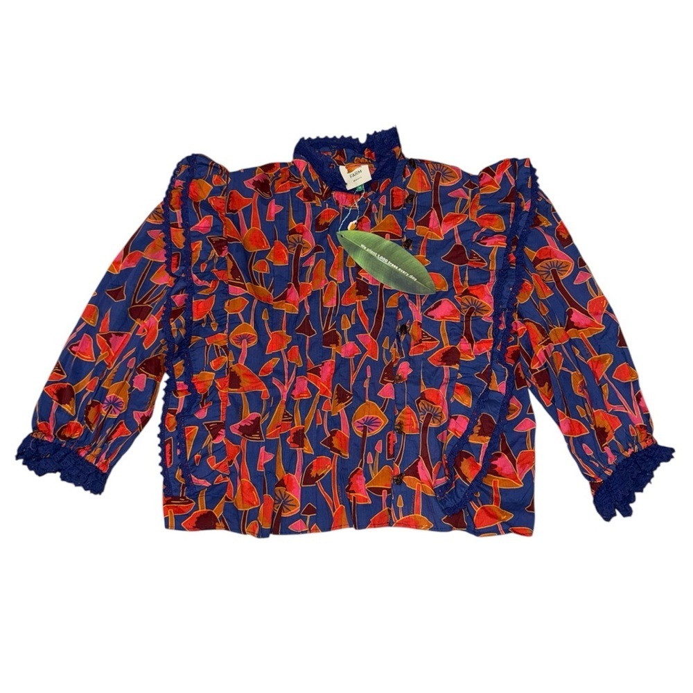 Farm Rio NWT Bright blue mushroom sketch blouse buttons women’s size XL